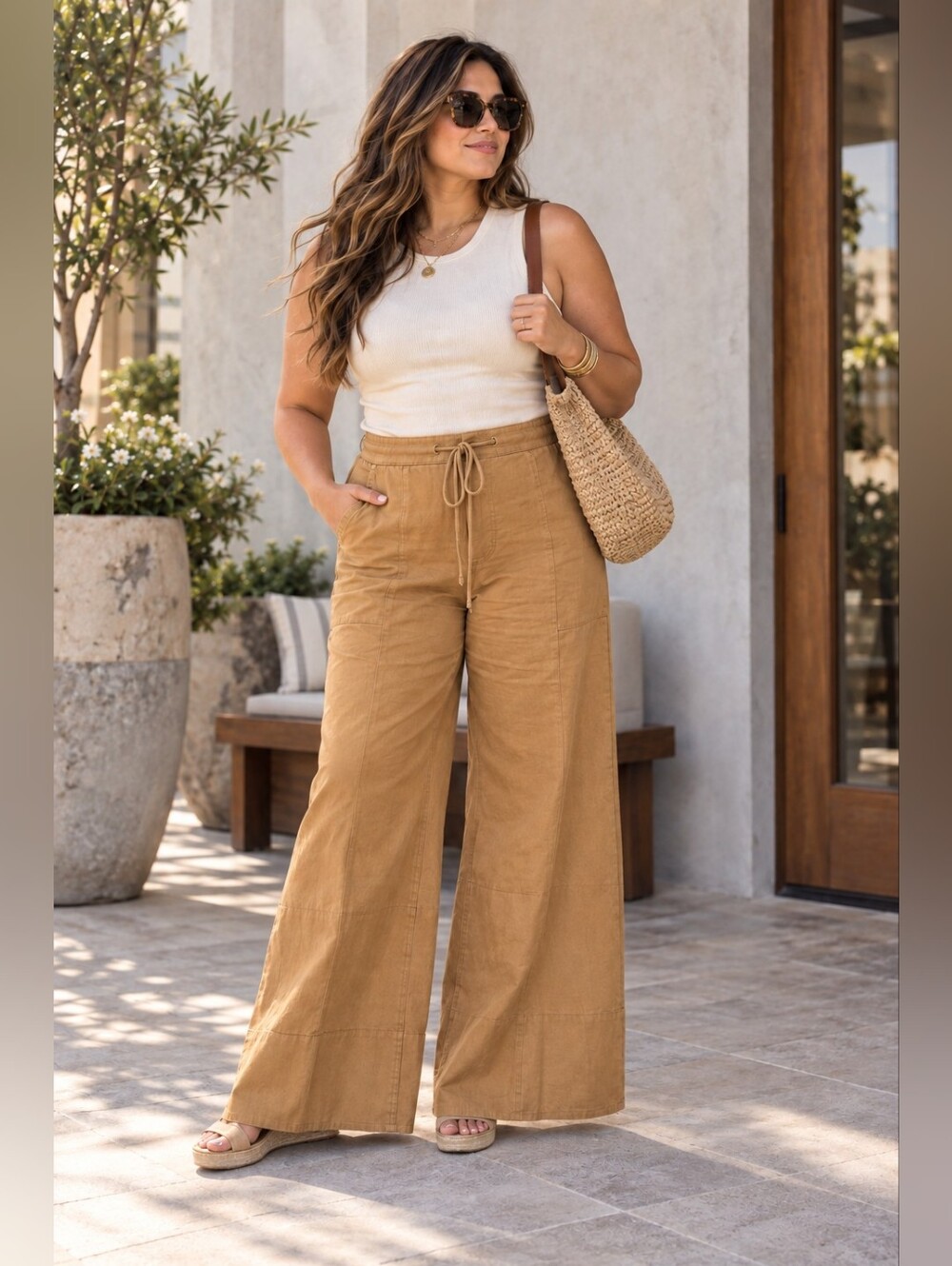 Anthropologie Maeve Tan Wide Leg Drawstring Pants XL